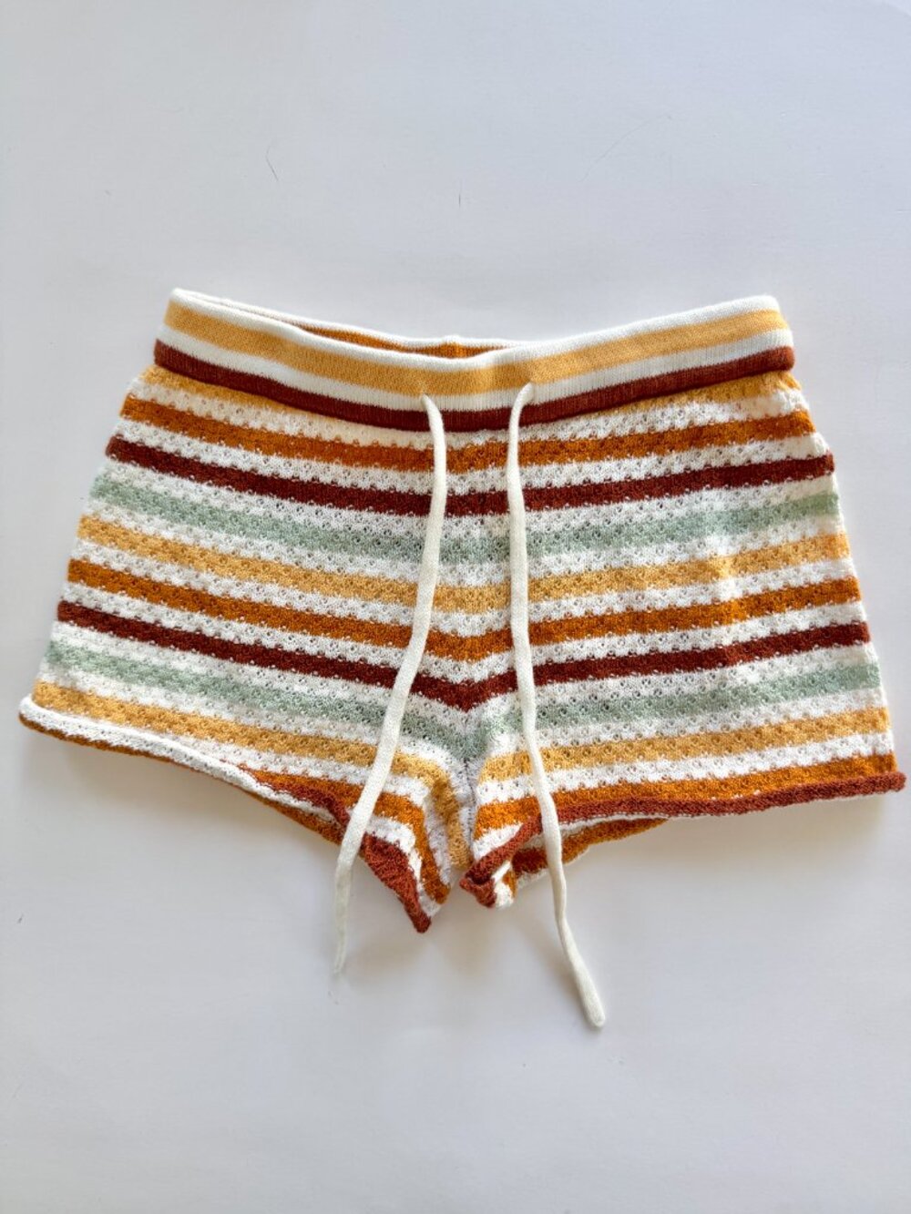 Ghanda Girls Retro Stripe Knit Shorts Sz 3-4 Rust Mustard Sage 70s Crochet